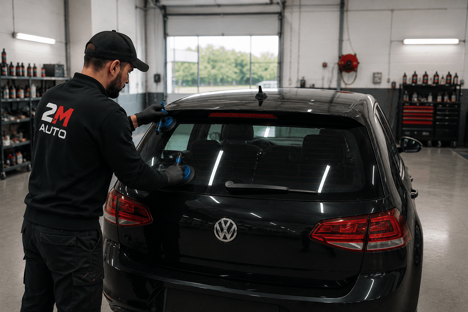 Technicien 2M AUTO intervenant sur une lunette arrière automobile