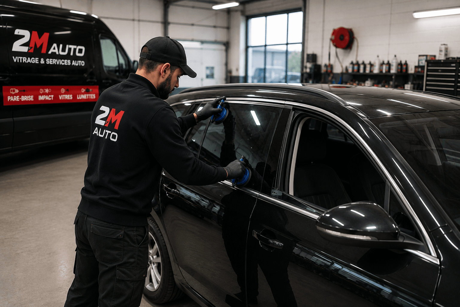 Technicien 2M AUTO intervenant sur une vitre latérale automobile